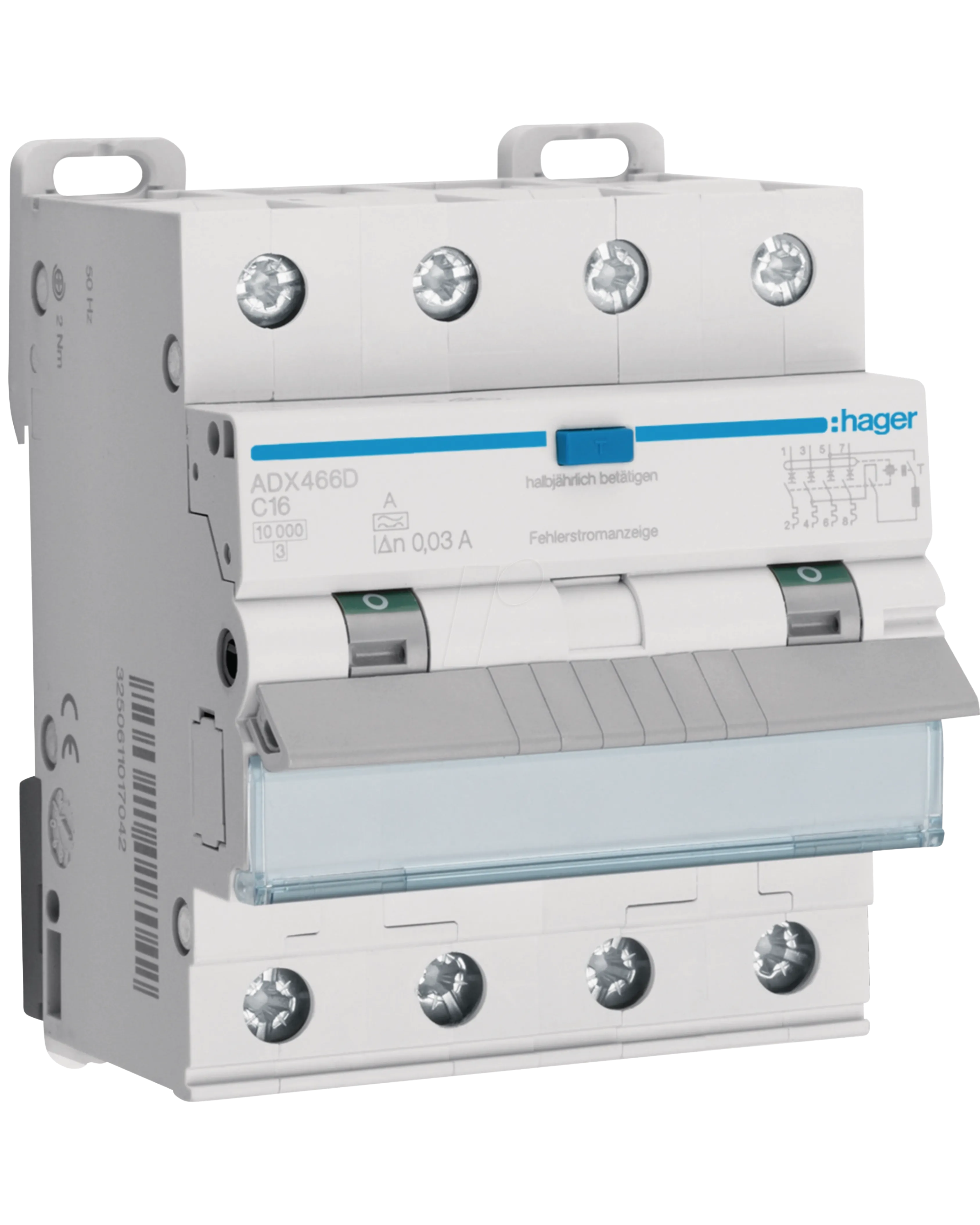 Hager ADX466D RCBO, 4P 16A C Curve 30mA Type A Screw Connection — Hager Drives – Motors – Circuits Protection
